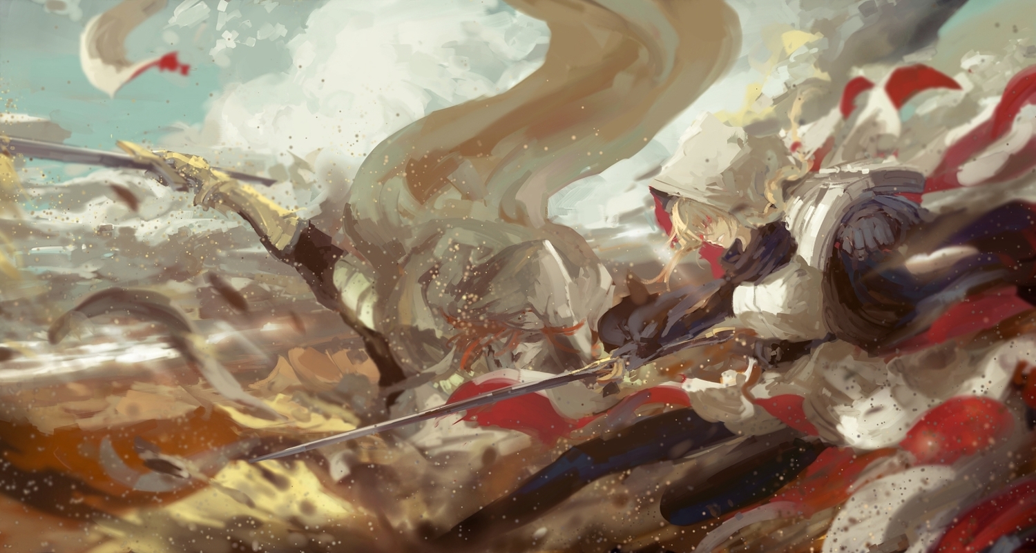 cape, gararisu_no_junrei-sha_mira, original, pixiv_fantasia, stu_dts, sword, weapon