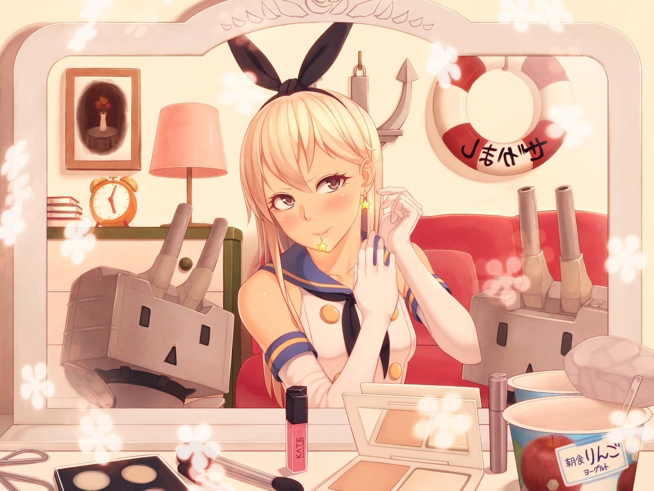 anthropomorphism, blonde_hair, blush, book, brown_eyes, elbow_gloves, gloves, kantai_collection, kedama_keito, long_hair, rensouhou-chan, shimakaze_(kancolle)