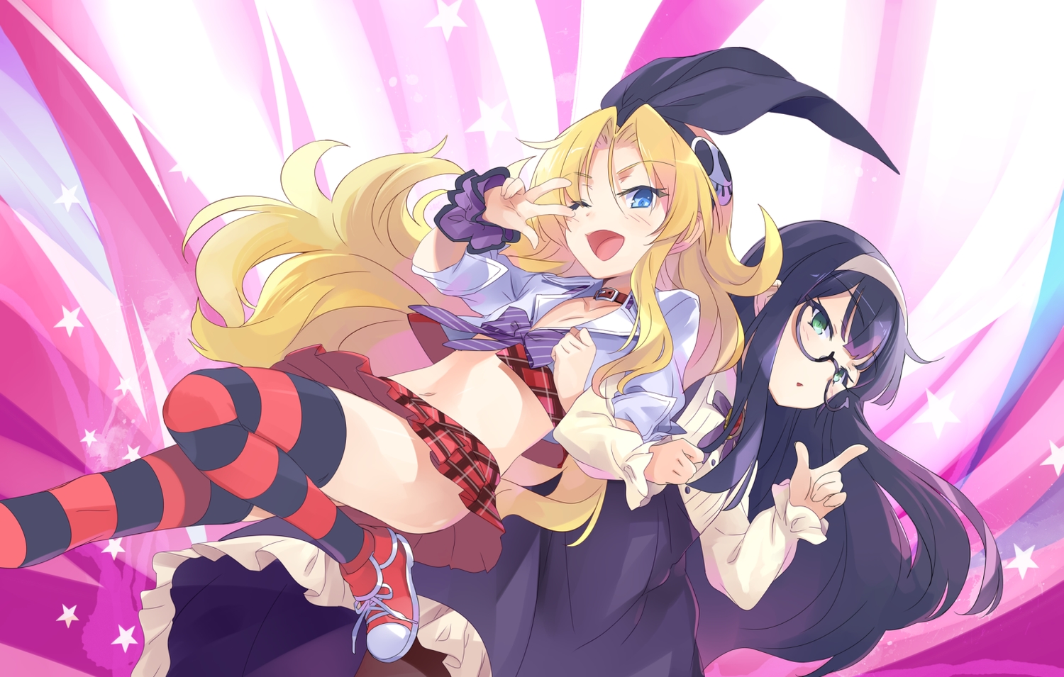 2girls, black_hair, blonde_hair, blue_eyes, erectlip, game_cg, glasses, green_eyes, headband, little_do_s_bitch, loli, long_hair, navel, rena_(little_do_s_bitch), rika_(little_do_s_bitch), skirt, tagme, thighhighs, usatsuka_eiji