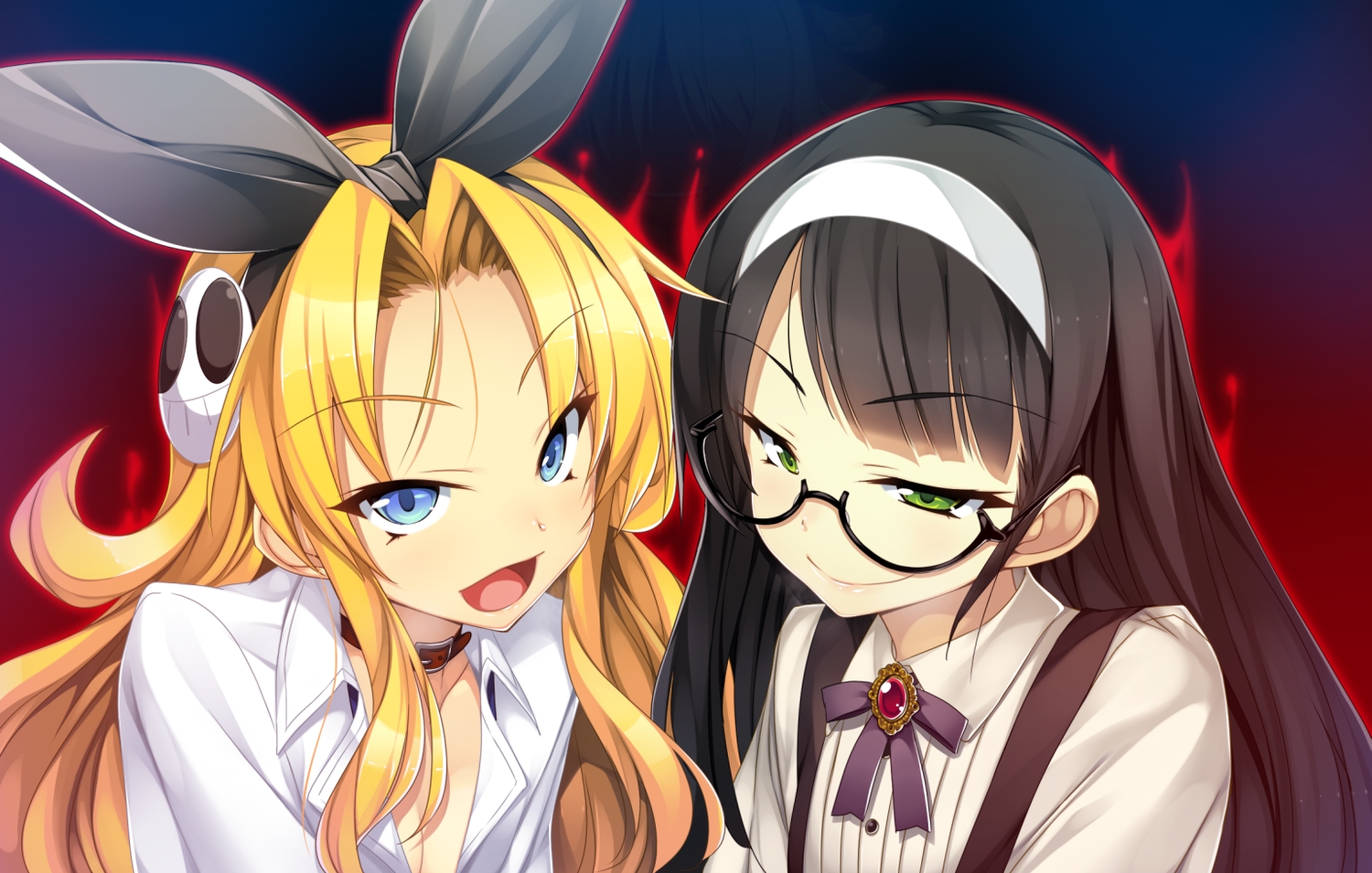 2girls, black_hair, blonde_hair, blue_eyes, cauliflower, erectlip, game_cg, glasses, green_eyes, headband, little_do_s_bitch, loli, long_hair, rena_(little_do_s_bitch), rika_(little_do_s_bitch)