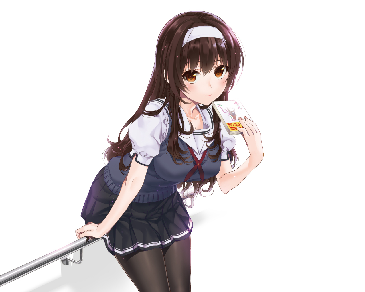 black_hair, brown_eyes, headband, kasumigaoka_utaha, long_hair, musha_sabu, pantyhose, saenai_heroine_no_sodatekata, school_uniform, skirt, white