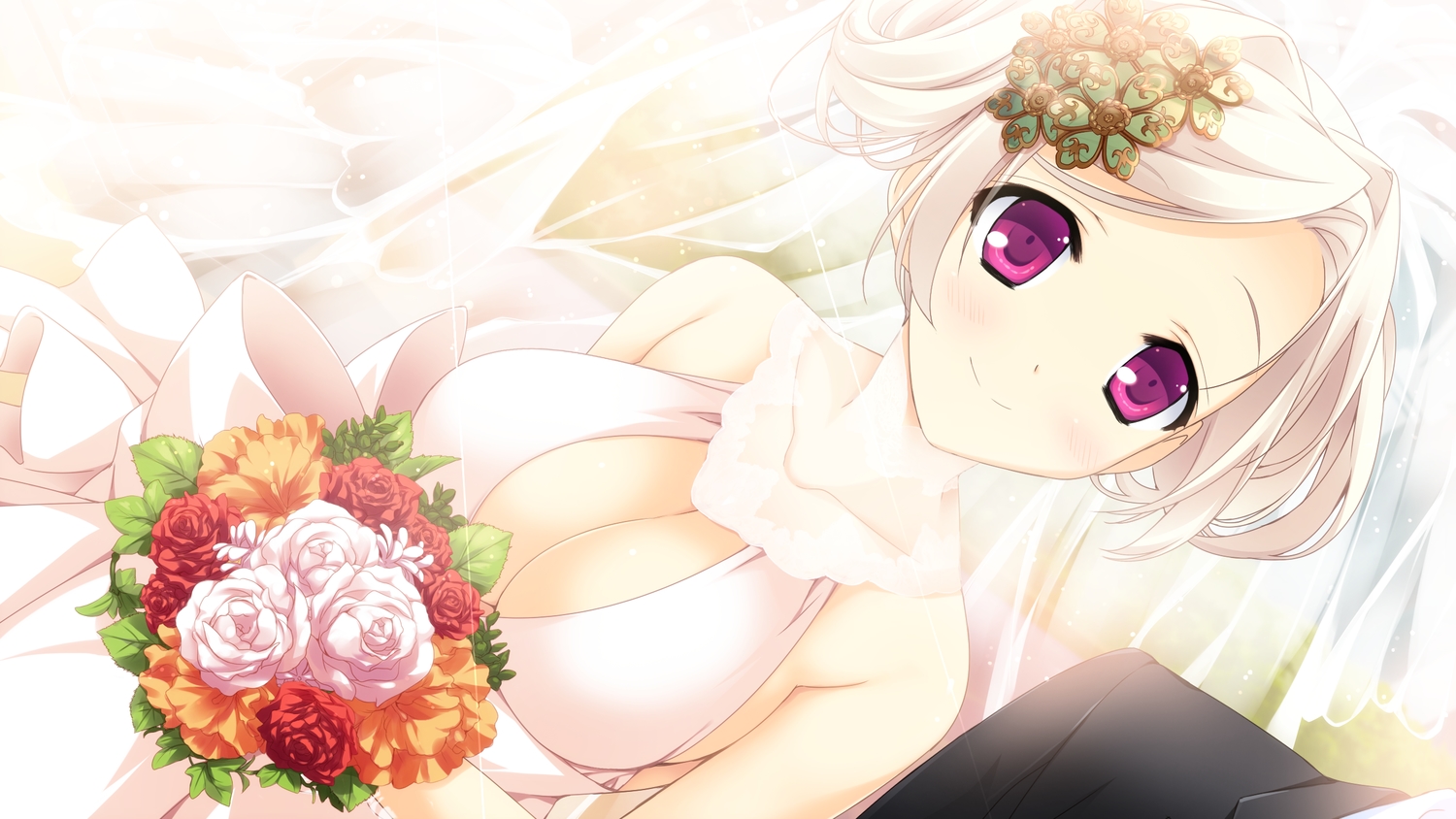breasts, cleavage, flowers, game_cg, kitsuki_riho, koisuru_natsu_no_last_resort, marui, pulltop