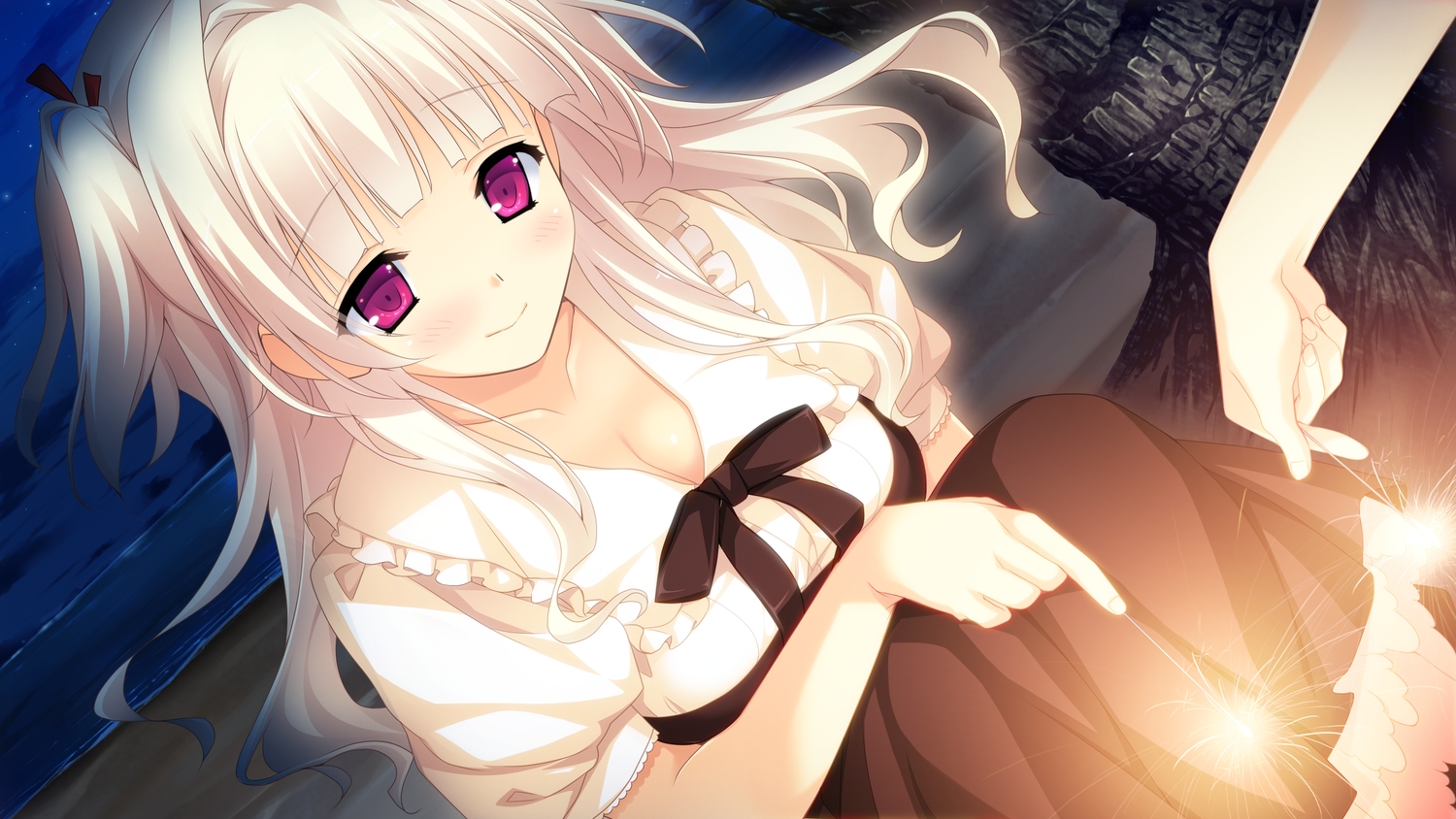 bow, breasts, cleavage, fireworks, game_cg, kitsuki_riho, koisuru_natsu_no_last_resort, long_hair