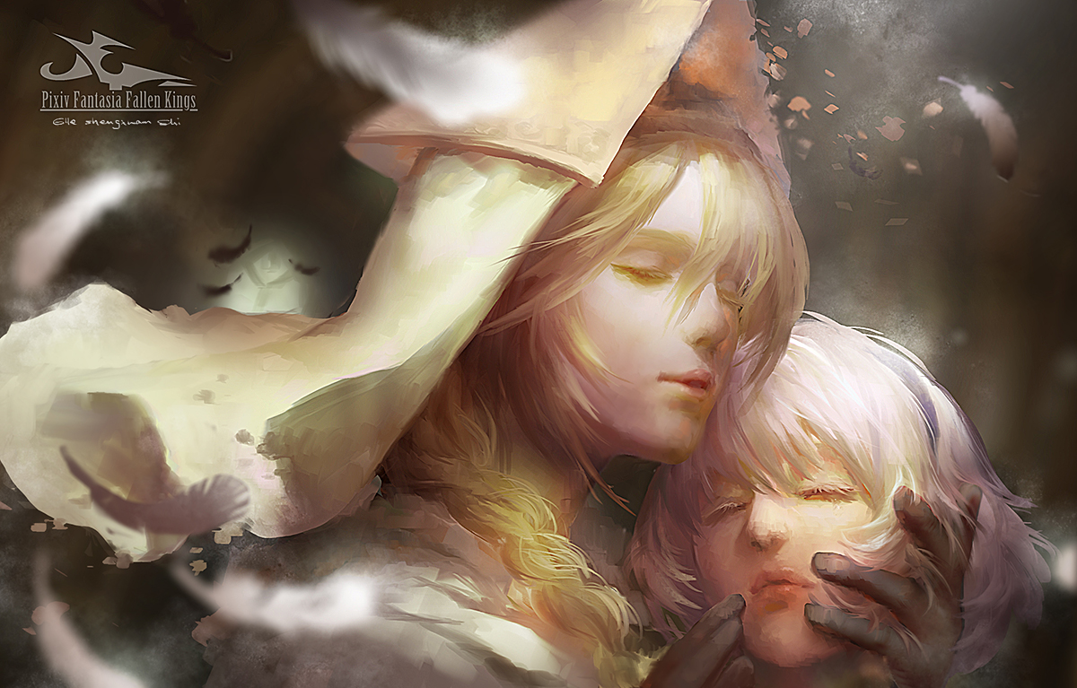 ao_no_mavis, blonde_hair, feathers, gararisu_no_junrei-sha_mira, gloves, headdress, long_hair, lost_elle
