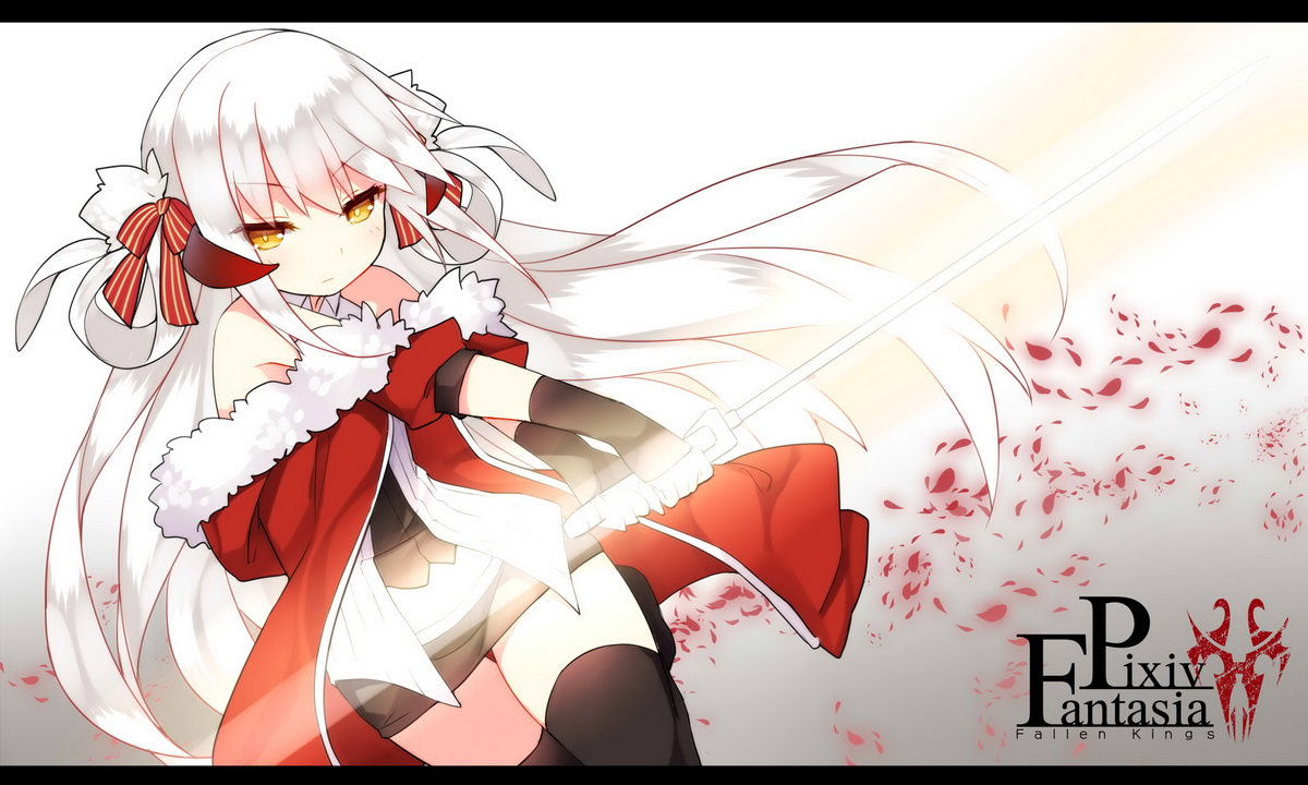 gloves, long_hair, original, pixiv_fantasia, saru, shiro_elias, sword, thighhighs, weapon, white_hair, yellow_eyes
