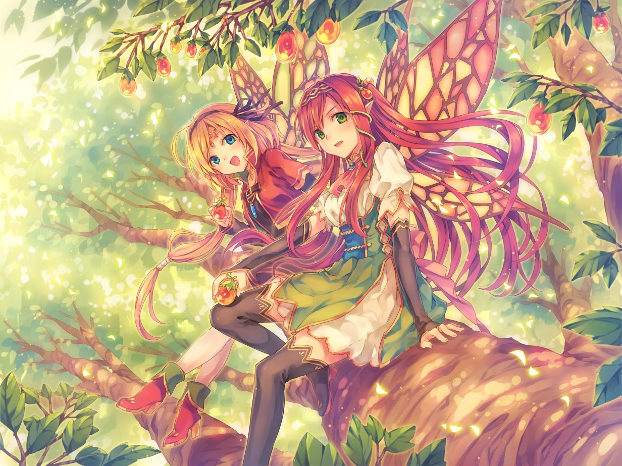 2girls, blonde_hair, blue_eyes, boots, dress, elbow_gloves, fairy, gloves