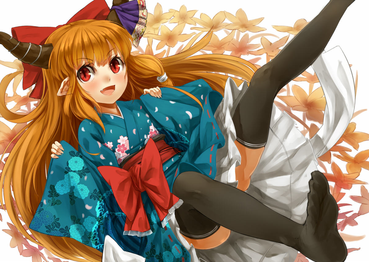 blonde_hair, bow, fang, horns, ibuki_suika, japanese_clothes, loli, lolita_fashion