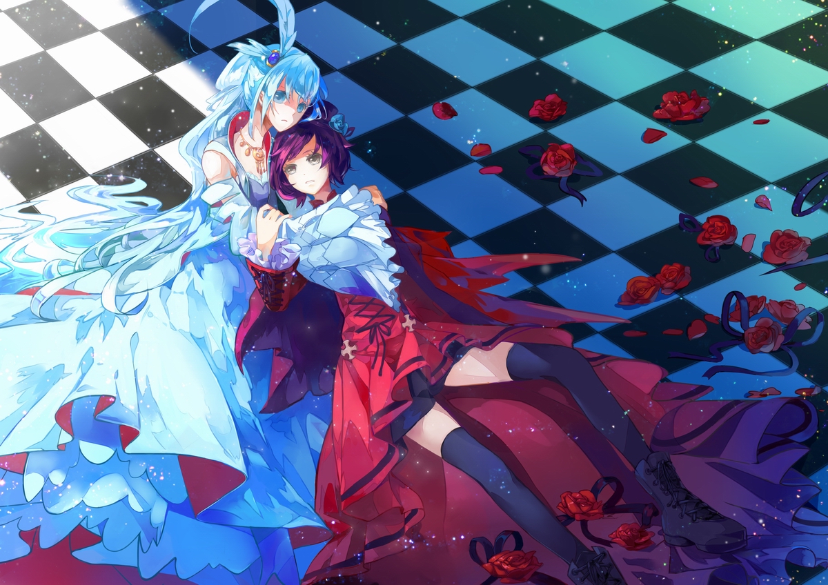 2girls, blue_eyes, blue_hair, boots, dress, flowers, gray_eyes, jinying, long_hair, necklace, petals, red_hair, rose, ruby_rose, rwby, short_hair, thighhighs, weiss_schnee