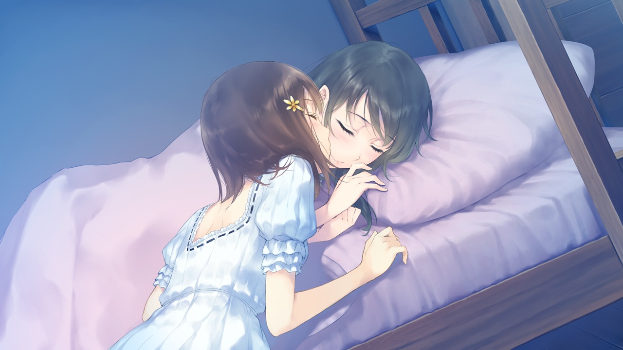 2girls, bed, black_hair, brown_hair, flowers_(game), game_cg, innocent_grey, kiss