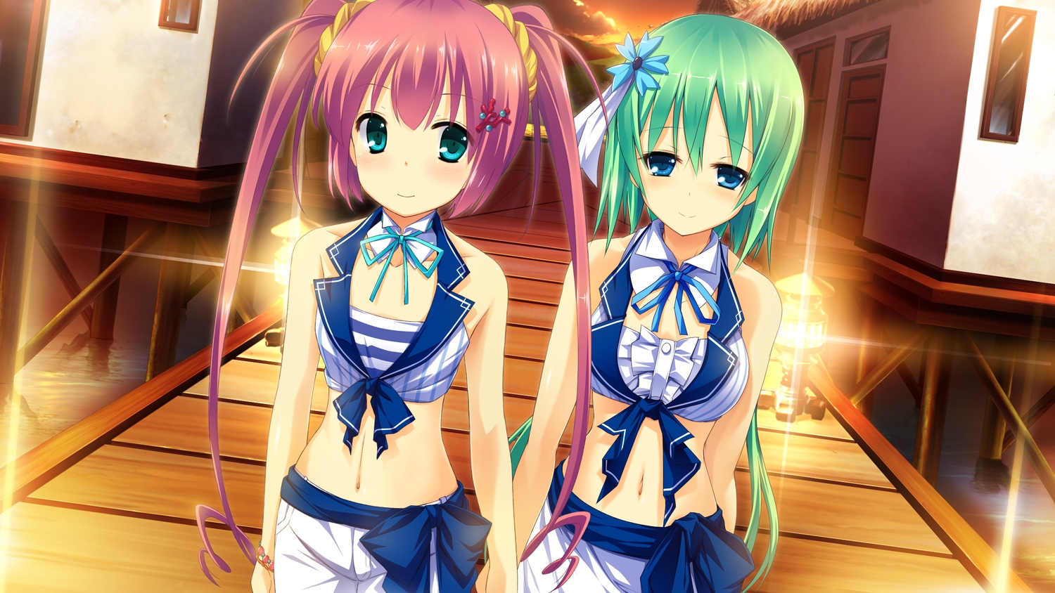2girls, blue_eyes, game_cg, green_hair, kaku_konami, koisuru_natsu_no_last_resort, long_hair, mottsun