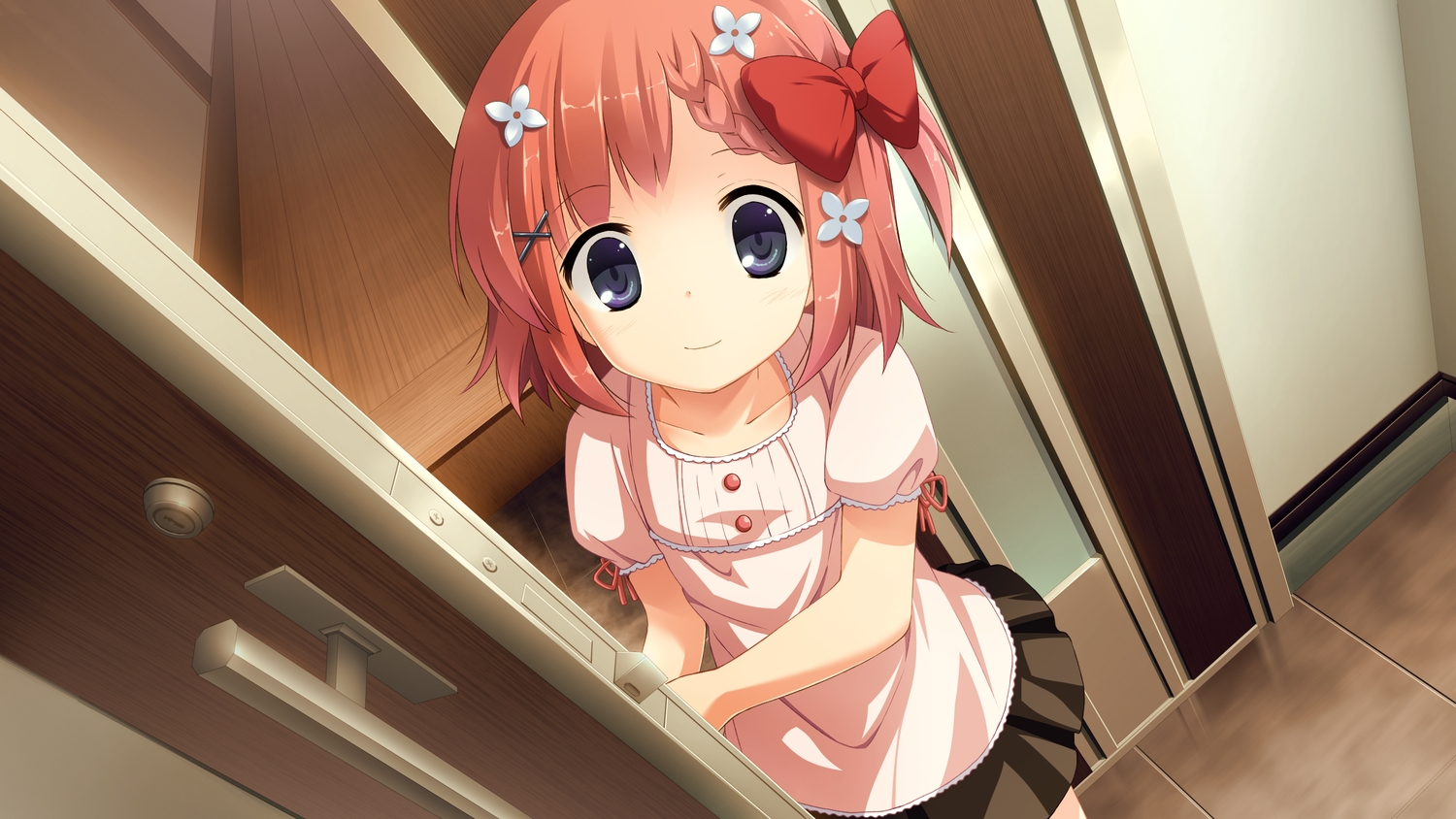 blue_eyes, bow, game_cg, koisuru_natsu_no_last_resort, loli, maki_shiori, mottsun, pulltop, red_hair, short_hair