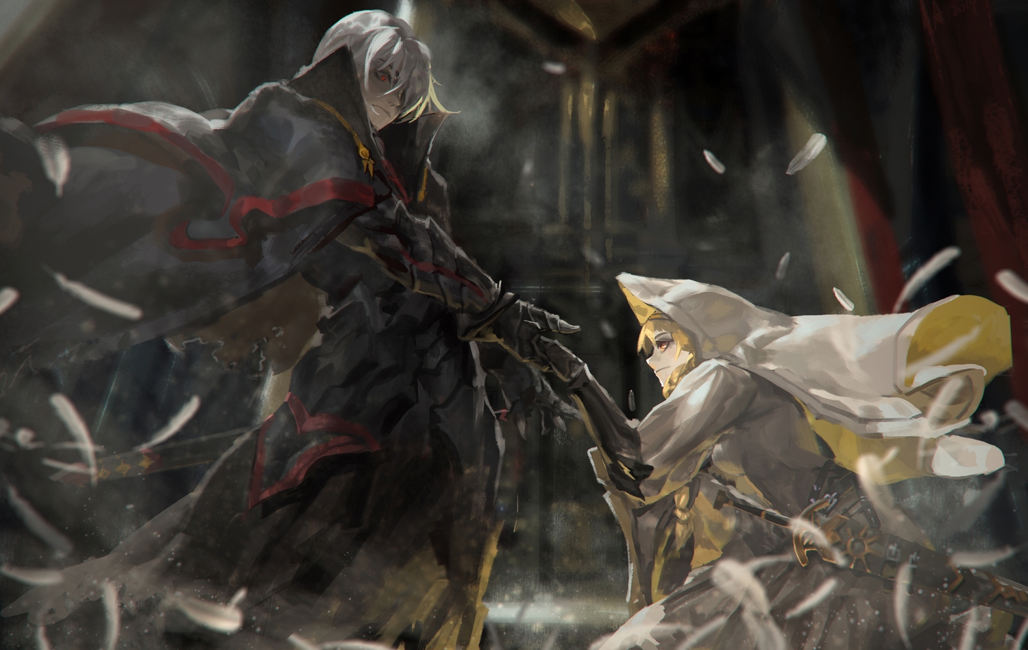 alcd, armor, blonde_hair, cape, feathers, gararisu_no_junrei-sha_mira, gray_hair, original, pixiv_fantasia, red_eyes, sword, weapon