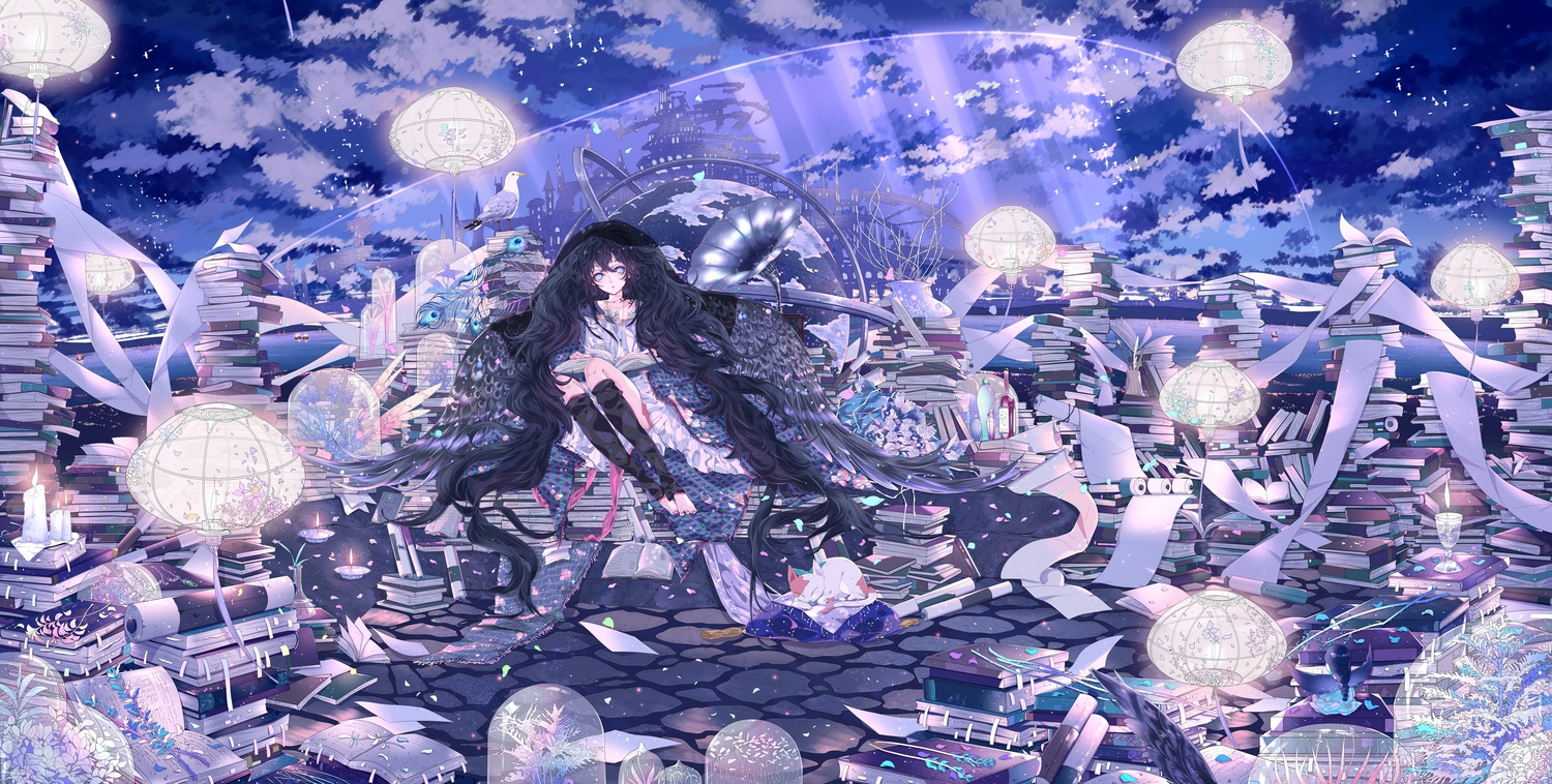 animal, barefoot, bird, black_hair, blue_eyes, book, cat, clouds