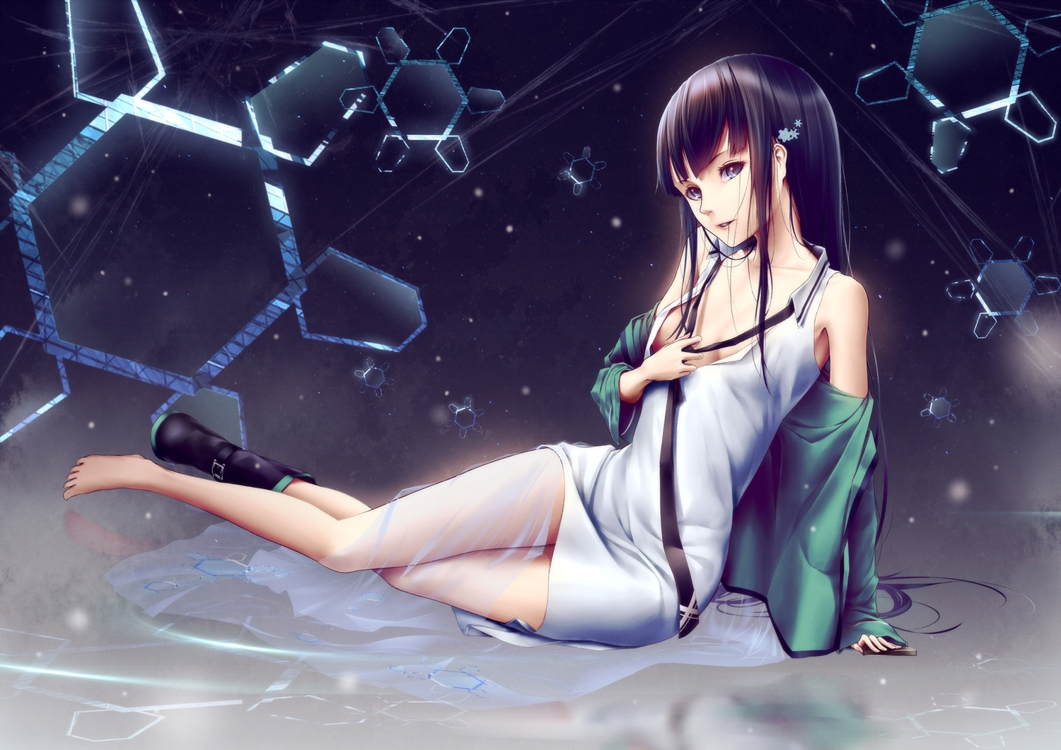 barefoot, black_hair, blue_eyes, boots, breasts, cleavage, dress, long_hair, mahouka_koukou_no_rettousei, oki_(koi0koi), shiba_miyuki, tie