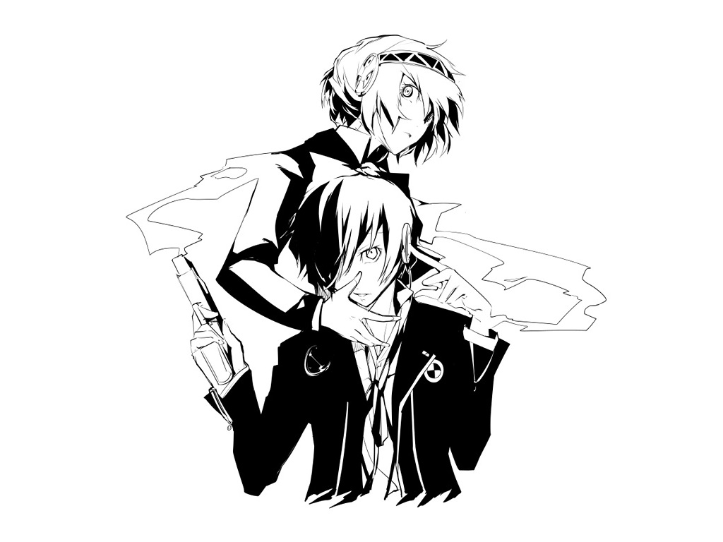 35_(pixiv), gun, male, monochrome, persona, robot, short_hair, tie