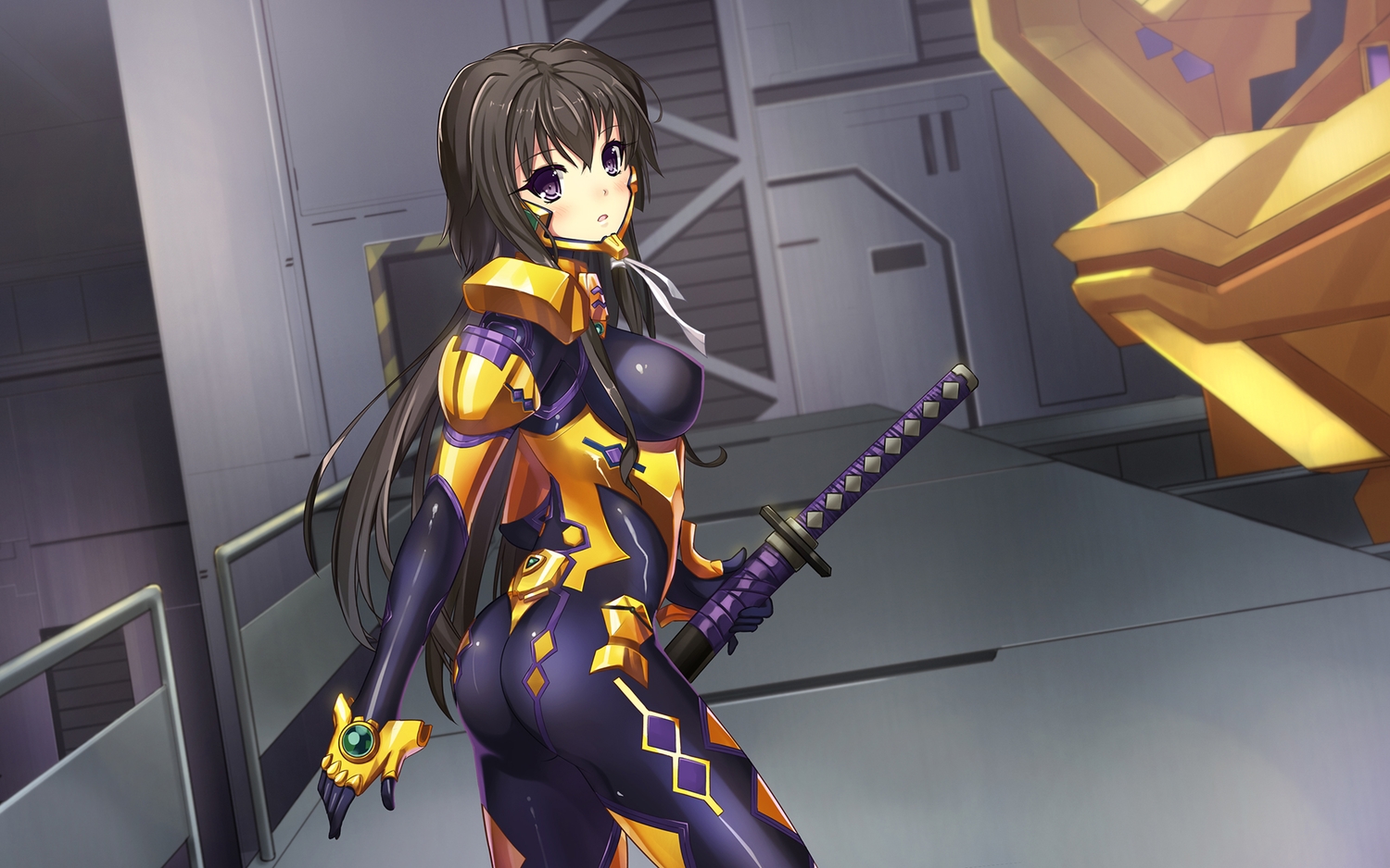 ass, blush, bodysuit, brown_hair, dance_of_eternity, erect_nipples, katana, long_hair