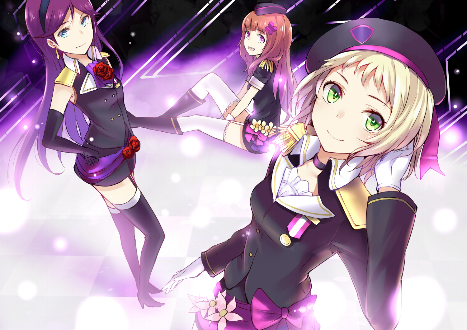 blonde_hair, blue_eyes, brown_hair, elbow_gloves, gloves, hat, kira_tsubasa, long_hair, love_live!_school_idol_project, minato_(shouno), purple_eyes, purple_hair, short_hair, thighhighs, toudou_erena, yuuki_anju