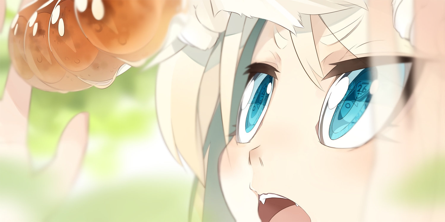 akitsu_taira, aqua_eyes, blonde_hair, close, fang, food, original