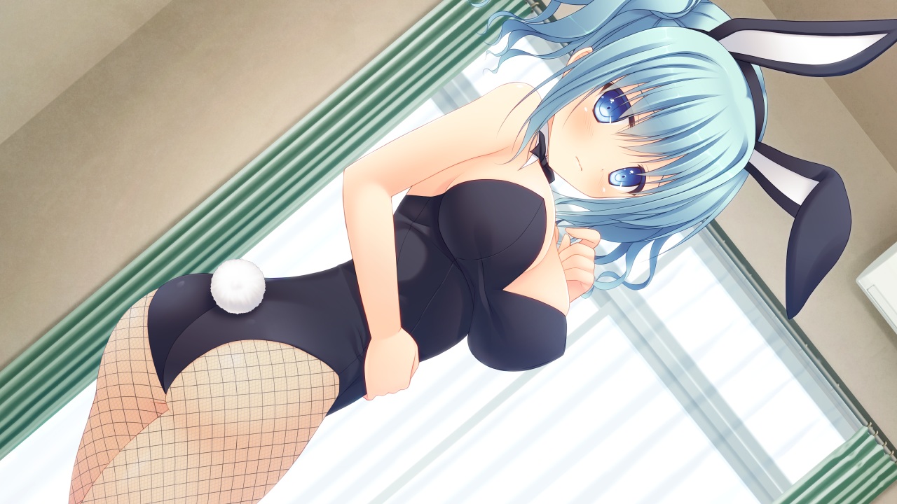 animal_ears, aqua_hair, blue_eyes, breasts, bunny_ears, bunnygirl, cleavage, game_cg, kirisame_yuu, leotard, navel_honeybell, sora_tobu_hitsuji_to_manatsu_no_hana, stockings, tanihara_natsuki