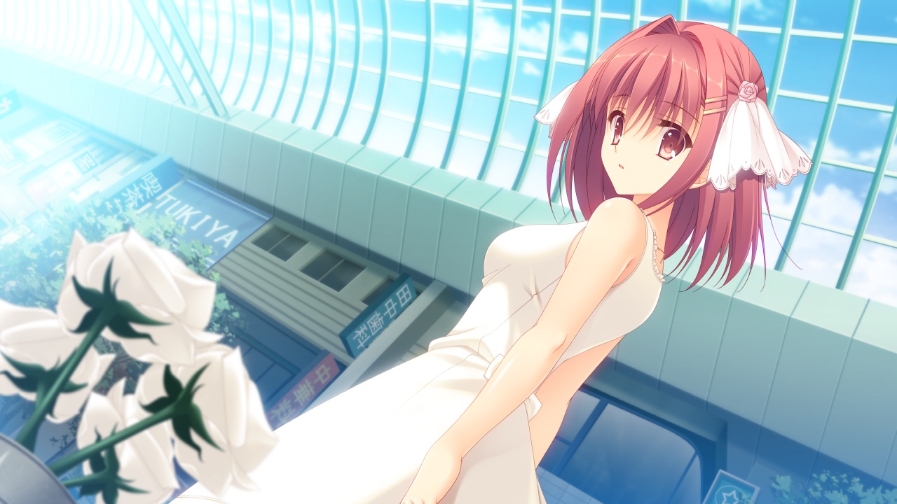 dress, flowers, game_cg, konohanamiya_kotoya, navel_honeybell, red_hair, sora_tobu_hitsuji_to_manatsu_no_hana, tanihara_natsuki
