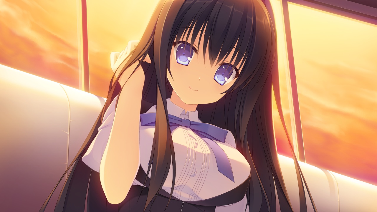 black_hair, blue_eyes, fujigasaki_mea, game_cg, long_hair, navel_honeybell, sky, sora_tobu_hitsuji_to_manatsu_no_hana, sunset, tanihara_natsuki