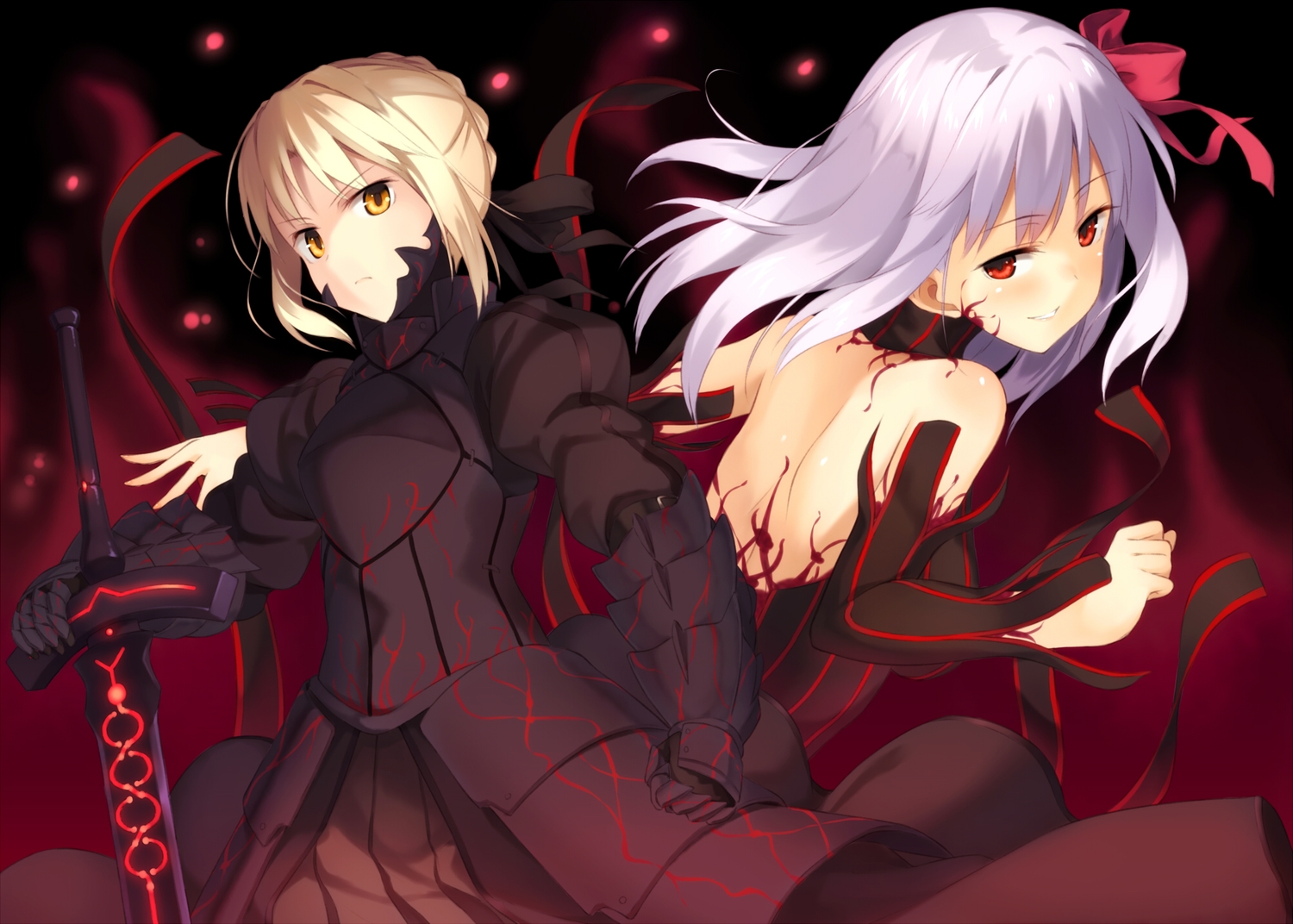 artoria_pendragon_(all), dark_matou_sakura, fate_(series), fate/stay_night, kinta_(distortion), matou_sakura, saber, saber_alter
