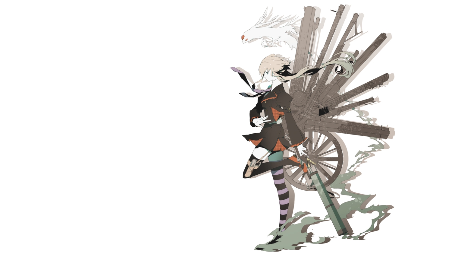35_(pixiv), animal, dress, gun, original, thighhighs, tie, weapon