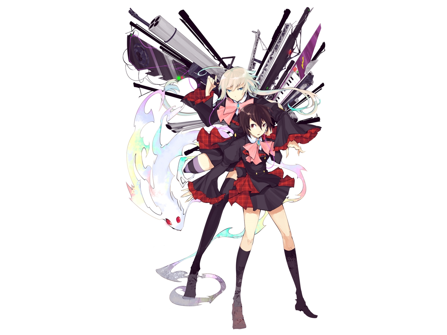 2girls, 35_(pixiv), animal, black_hair, blonde_hair, bow, dress, gun, long_hair, original, short_hair, socks, thighhighs, weapon, white, zettai_ryouiki
