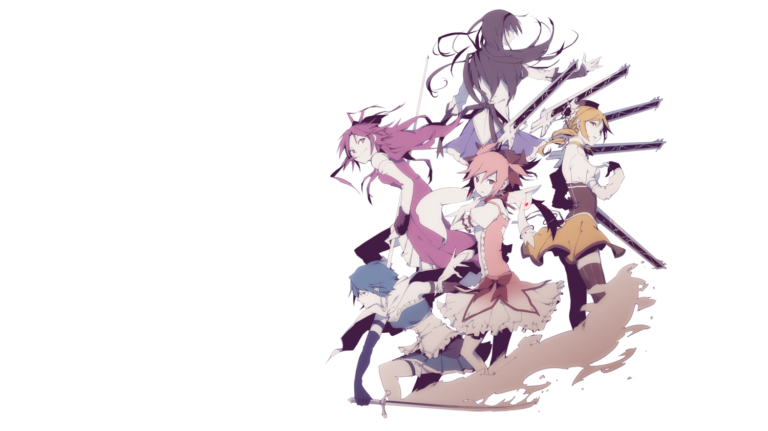 35_(pixiv), akemi_homura, black_hair, blonde_hair, blue_hair, dress, elbow_gloves, gloves, group, gun, headband, headdress, kaname_madoka, kyuubee, long_hair, mahou_shoujo_madoka_magica, miki_sayaka, pantyhose, pink_eyes, pink_hair, red_eyes, red_hair, sakura_kyouko, short_hair, spear, sword, thighhighs, tomoe_mami, twintails, weapon, white, zettai_ryouiki