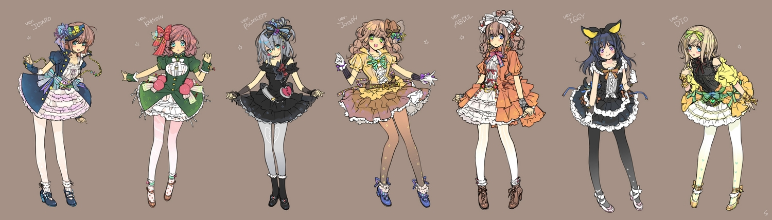 black_hair, blue_eyes, blush, bow, brown_hair, diabolism, dress, gloves, gray_hair, green_eyes, jojo_no_kimyou_na_bouken, long_hair, original, purple_hair, ribbons, short_hair, stars, thighhighs