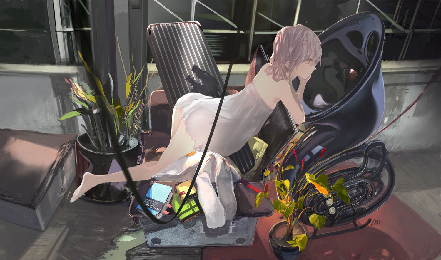 barefoot, berlinetta, book, dress, instrument, lin+, original, pink_eyes