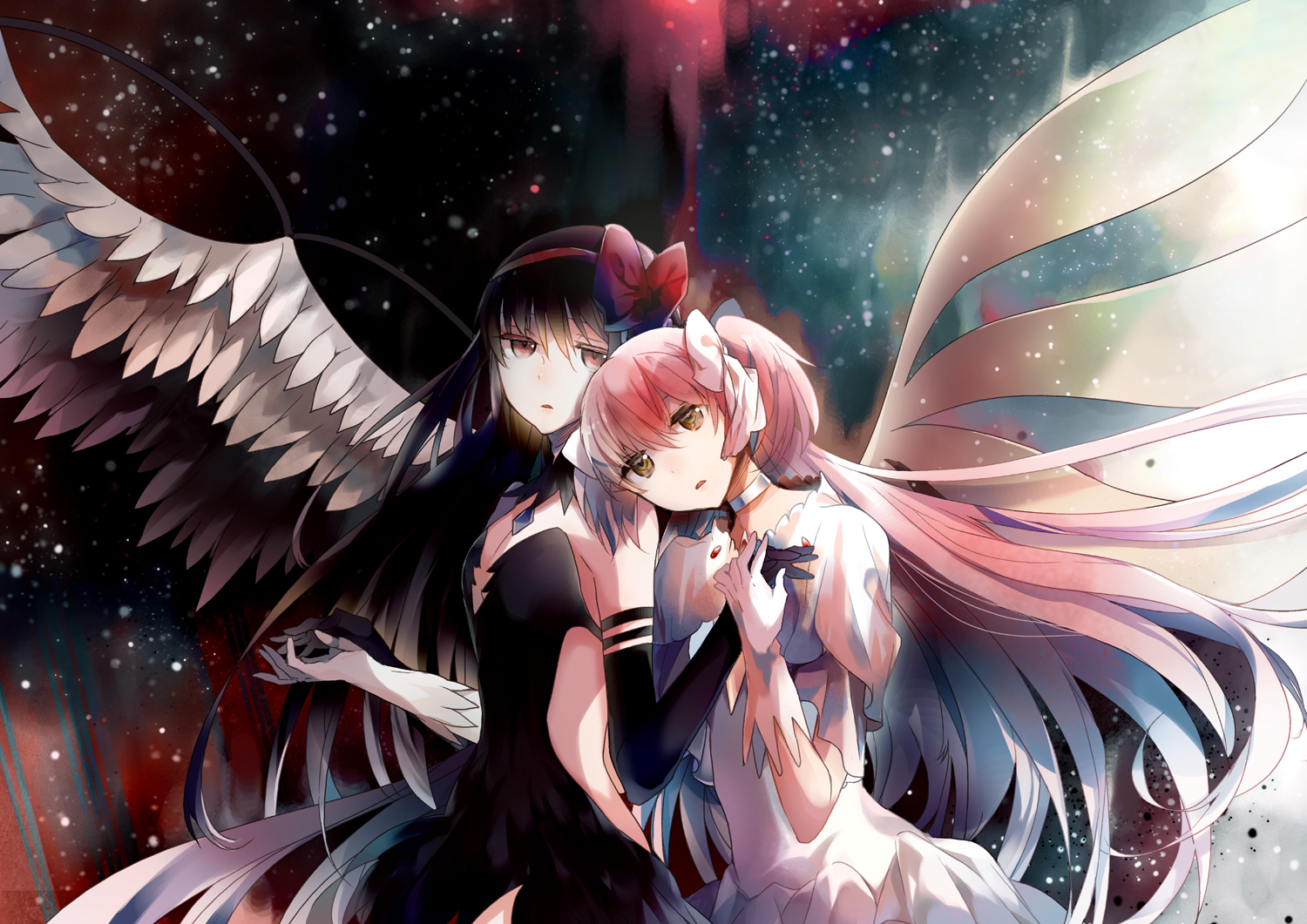 2girls, akemi_homura, akuma_homura, black_hair, caramel_(caramelmalt), elbow_gloves, gloves, kaname_madoka, mahou_shoujo_madoka_magica, pink_hair, ultimate_madoka, wings
