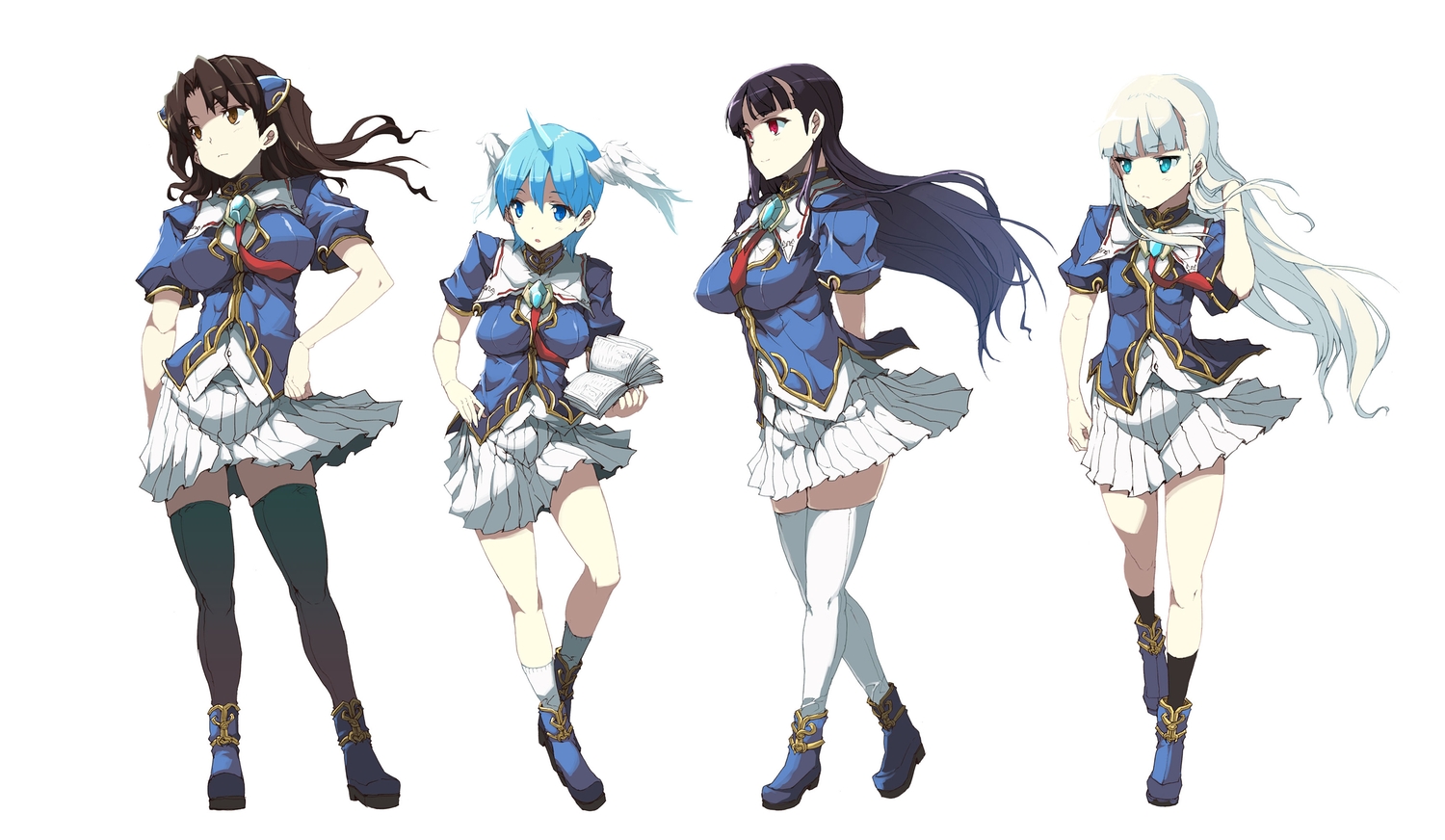 aqua_eyes, aqua_hair, black_hair, brown_eyes, brown_hair, erect_sawaru, fumika_reisenbach, horns, long_hair, pandra, red_eyes, reily_black, school_uniform, shirley_white, short_hair, skirt, stockings, tie, white, white_hair, wings, yuniko_wingdohose