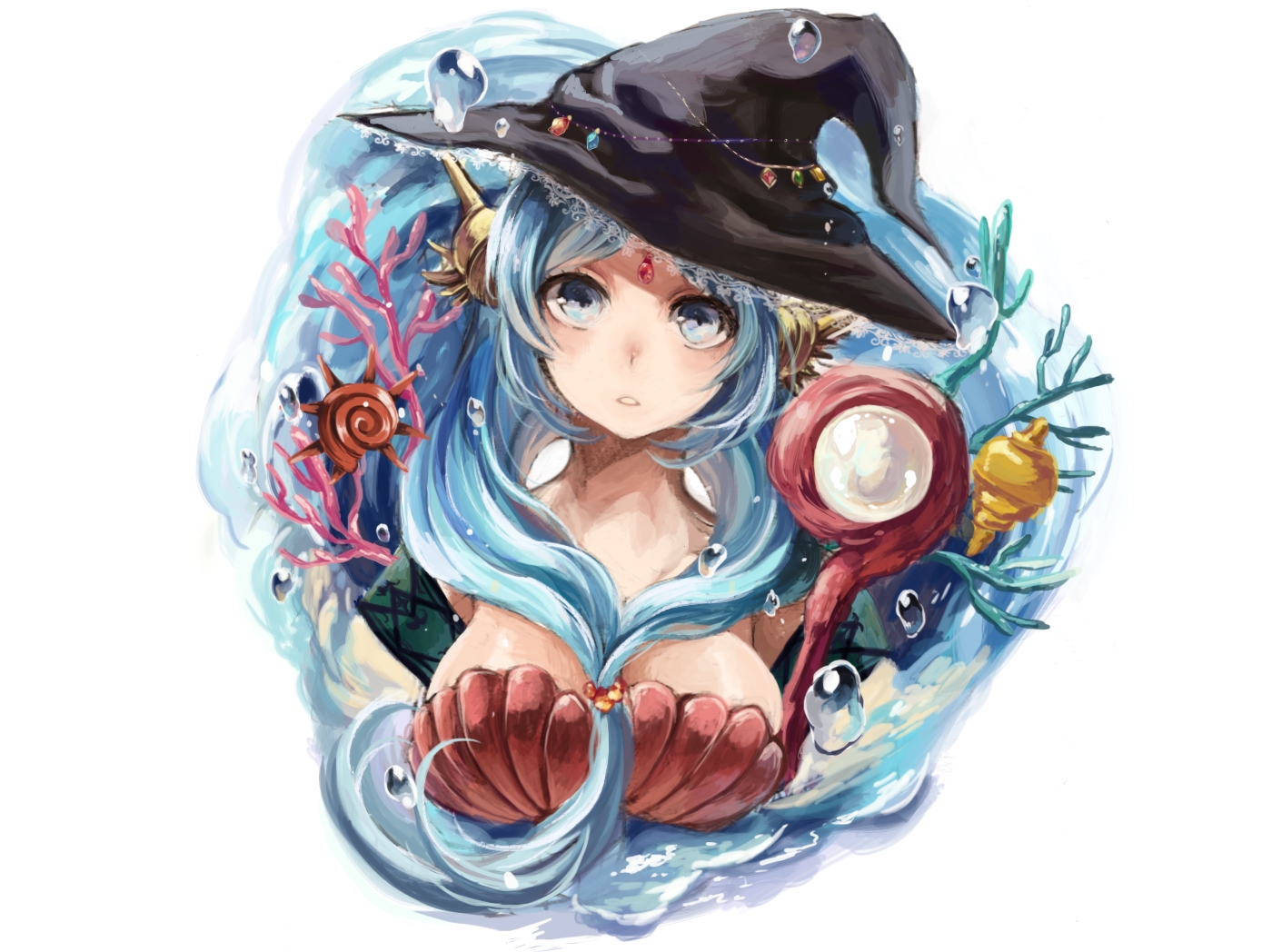 blue_eyes, blue_hair, breasts, cleavage, close, hat, long_hair, magi_the_labyrinth_of_magic, staff, tomoyami, water, witch_hat, yamuraiha