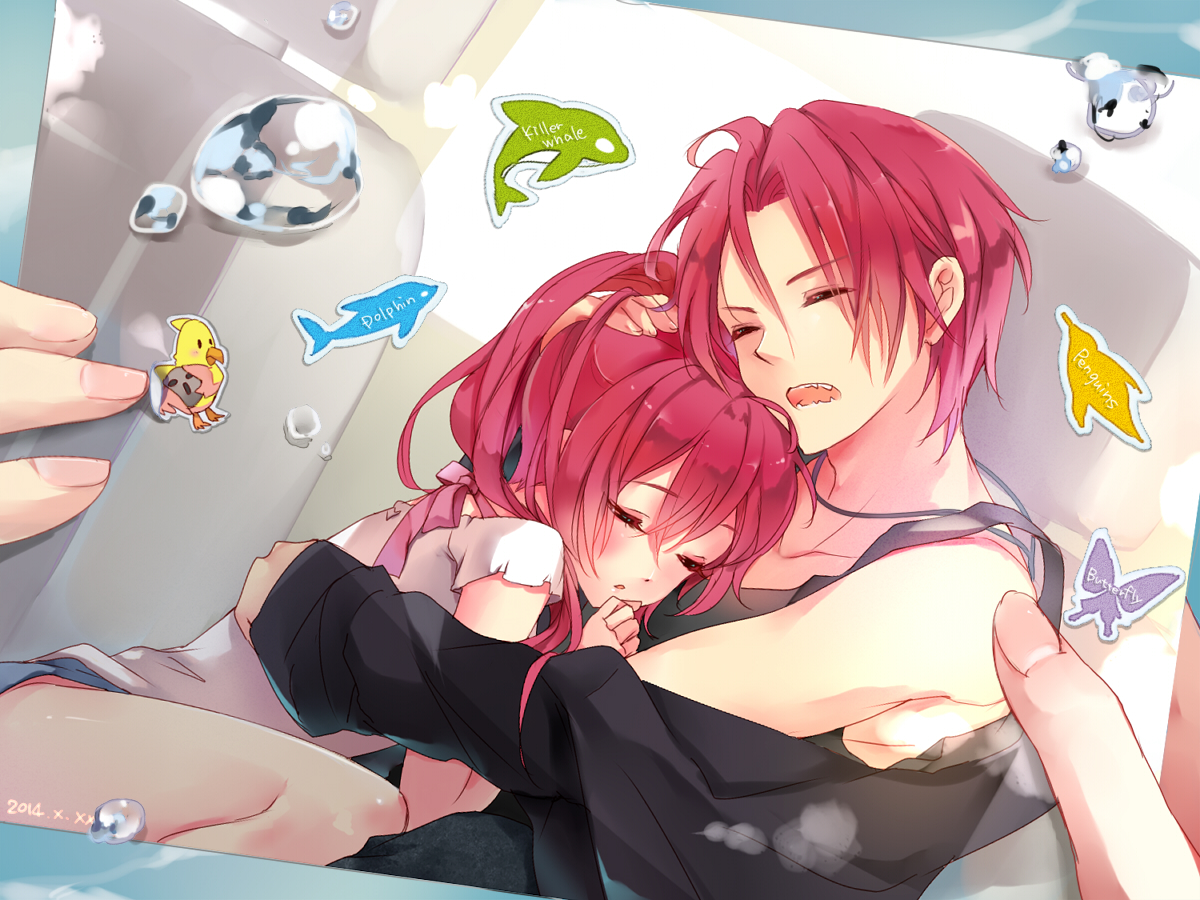 blush, bubbles, free!, hug, male, matsuoka_gou, matsuoka_rin, red_hair, short_hair, sleeping, tukino_(panna)