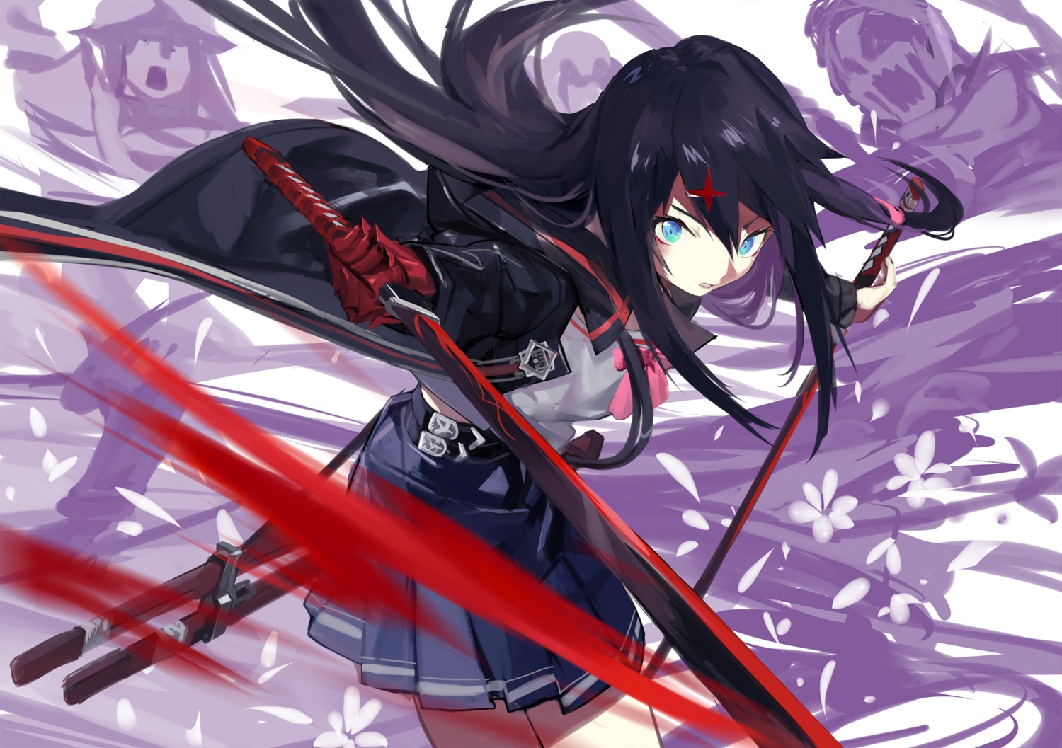 black_hair, blood, blue_eyes, gyaku_tsubasa, katana, long_hair, original, pixiv_fantasia, skirt, sword, weapon