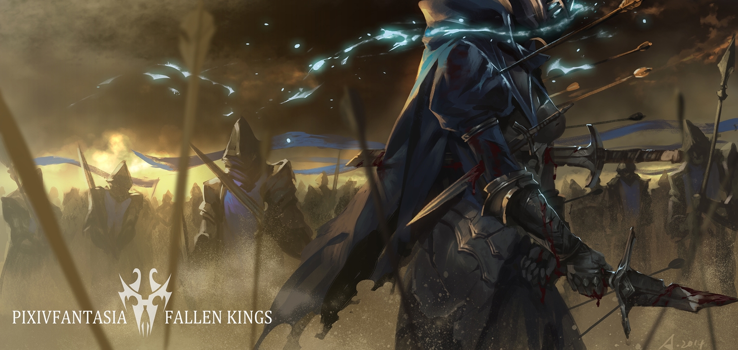alcd, ao_no_mavis, armor, blood, cape, original, pixiv_fantasia, spear, sword, weapon