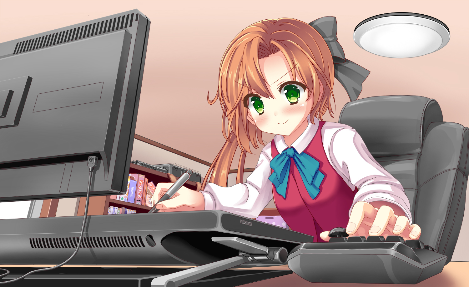 akigumo_(kancolle), anthropomorphism, bow, computer, green_eyes, kantai_collection, long_hair, orange_hair, sakuranoyukke