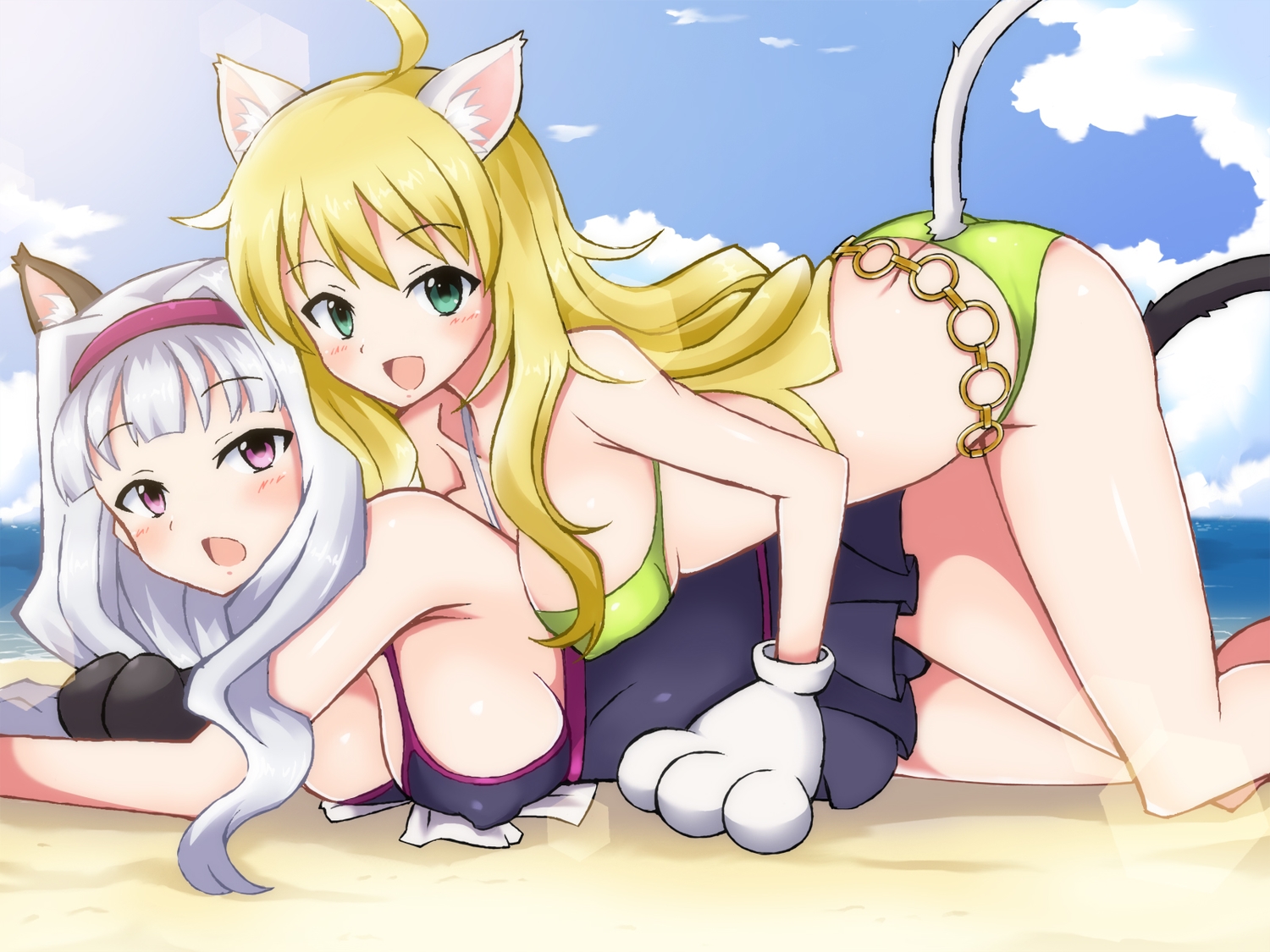 2girls, animal_ears, bikini, blonde_hair, blush, chro_(rulurullu), green_eyes, hoshii_miki, idolmaster, purple_eyes, shijou_takane, swimsuit, tail, white_hair