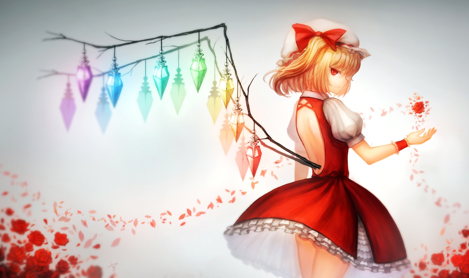 blonde_hair, bryanth, dress, flandre_scarlet, flowers, hat, petals, red_eyes, touhou, vampire, wings