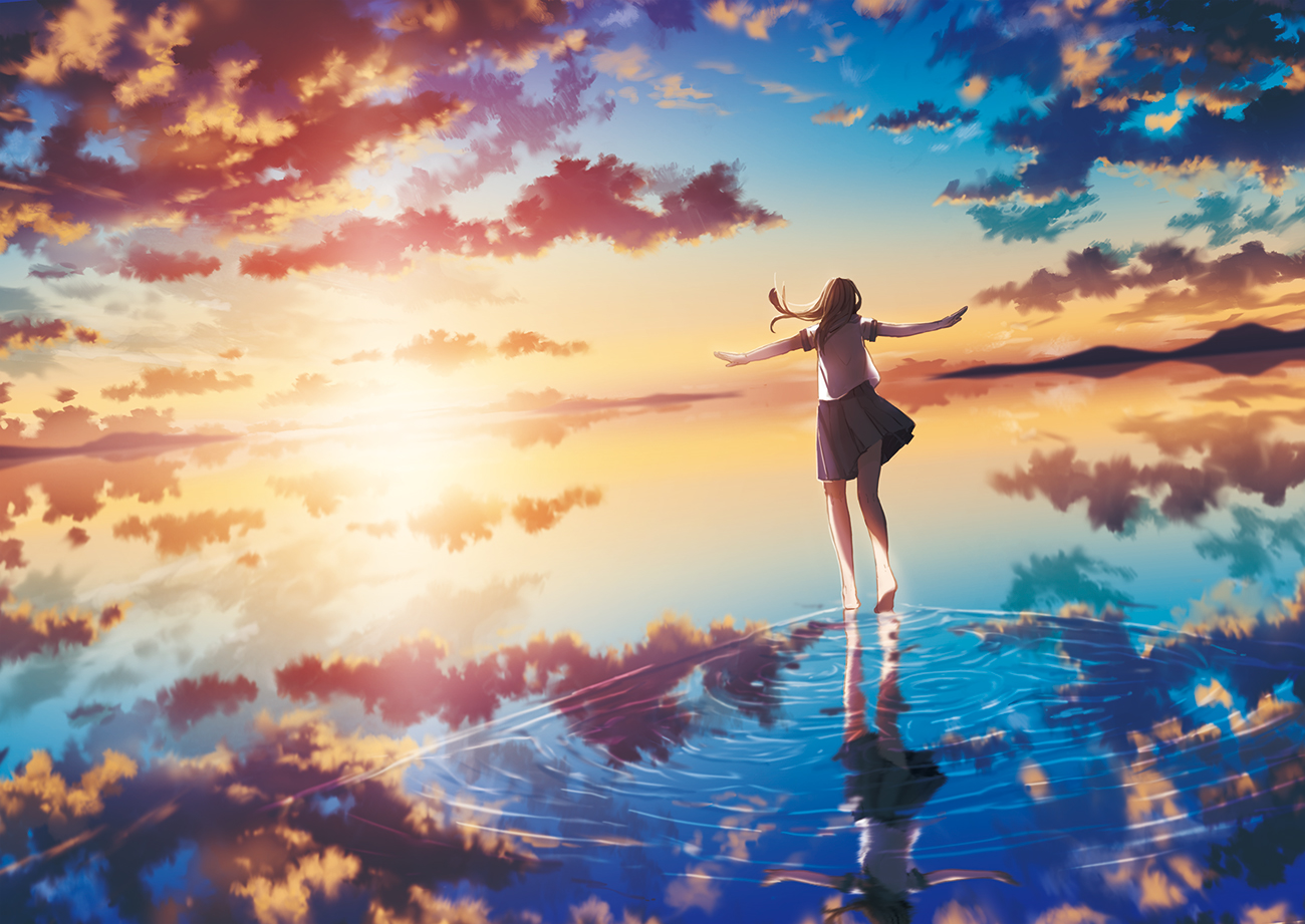 amemura_(caramelo), barefoot, brown_hair, clouds, landscape, long_hair, original, scenic, school_uniform, skirt, sky, water