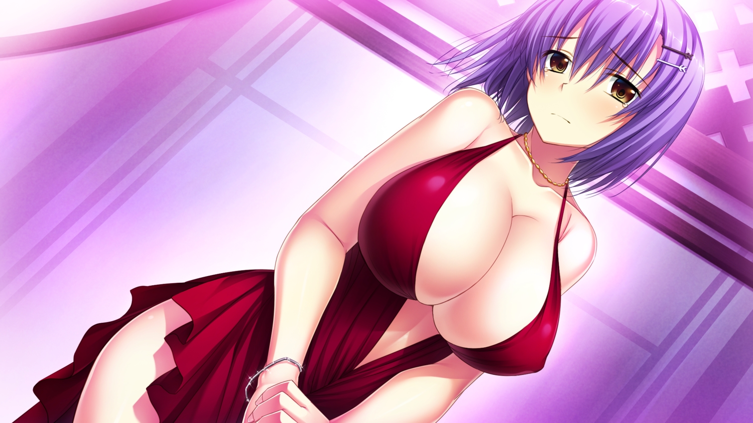 amakura, breasts, cleavage, dress, game_cg, nishinomiya_yuuri, purple_hair, root_nuko, short_hair, umisora_no_fragments