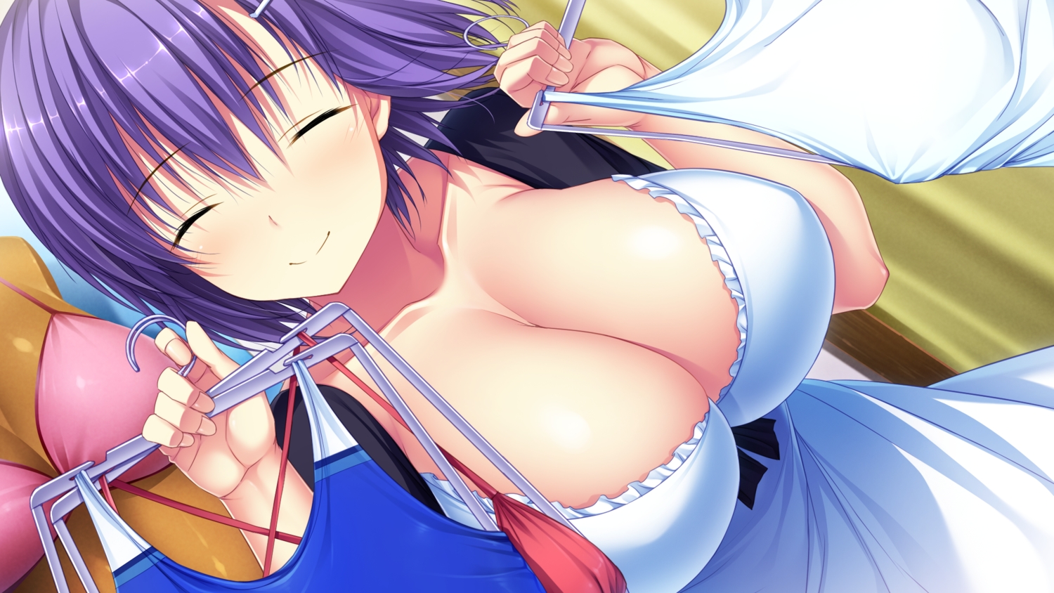 amakura, breasts, cleavage, dress, game_cg, nishinomiya_yuuri, purple_hair, root_nuko, short_hair, umisora_no_fragments