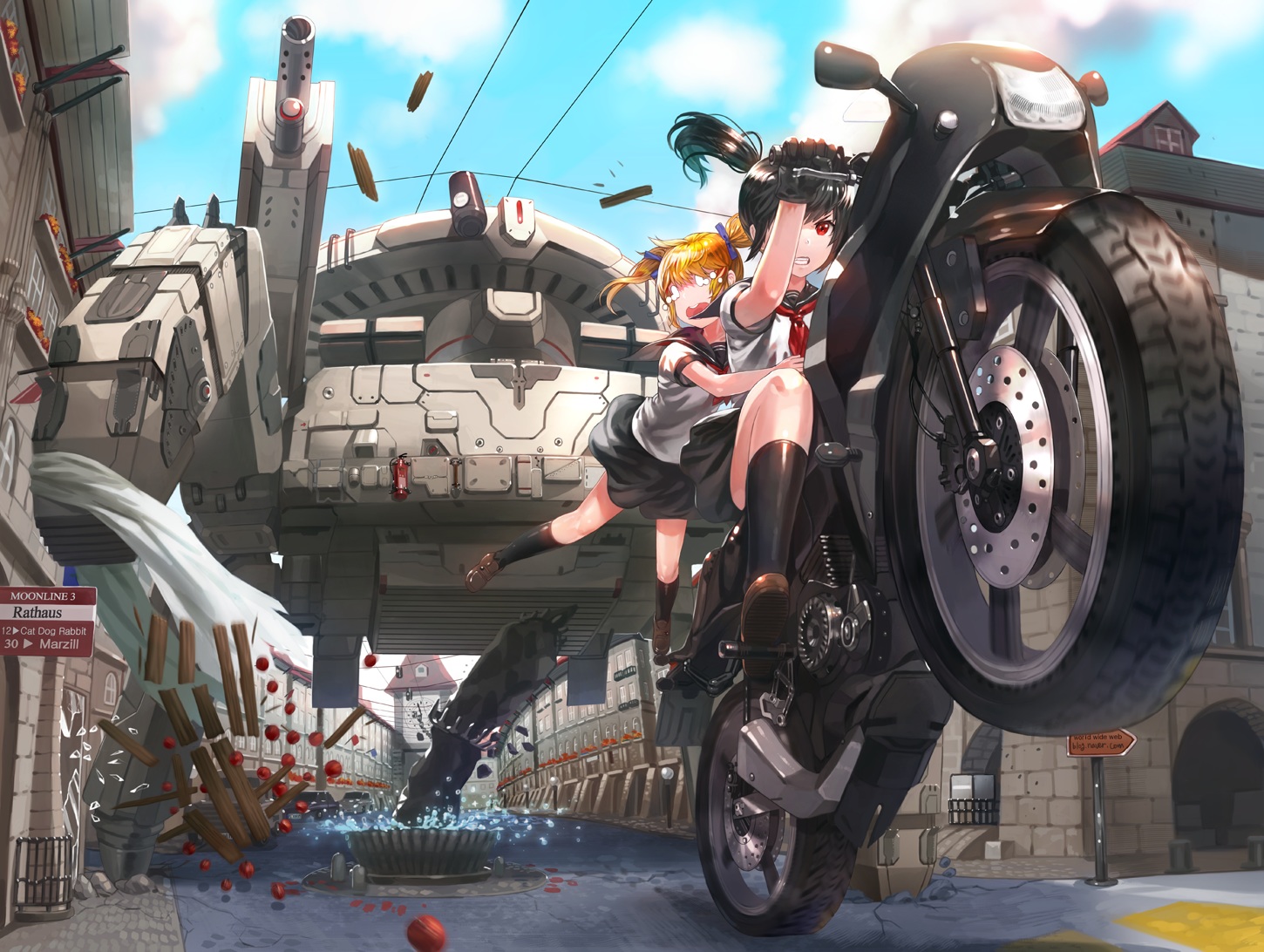 2girls, black_hair, blonde_hair, gloves, kfr, kneehighs, motorcycle, original