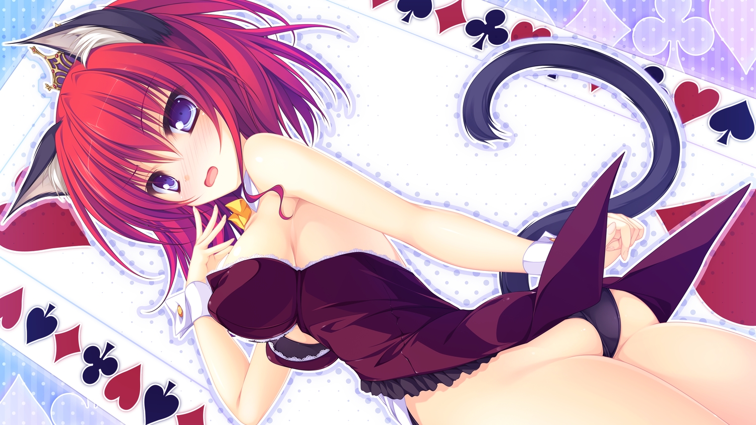 animal_ears, ass, blue_eyes, breasts, catgirl, cleavage, magicalic_sky_high, mary_clasis_victoria, mikagami_mamizu, red_hair, skirt, tail, upskirt, whirlpool