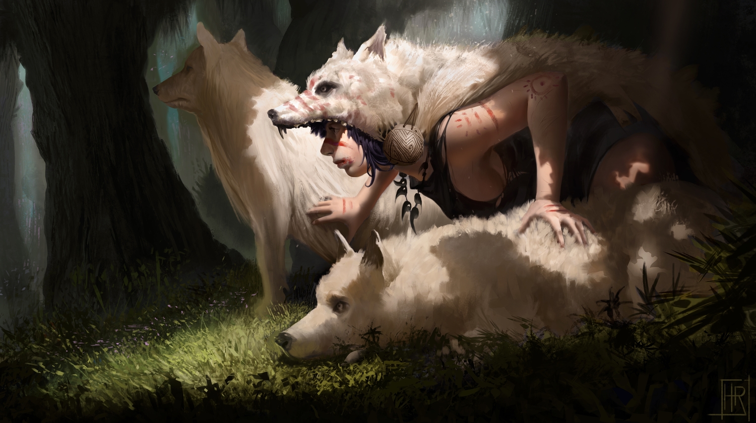 animal, animal_ears, breasts, dark, forest, grass, hugo_richard, mononoke_hime