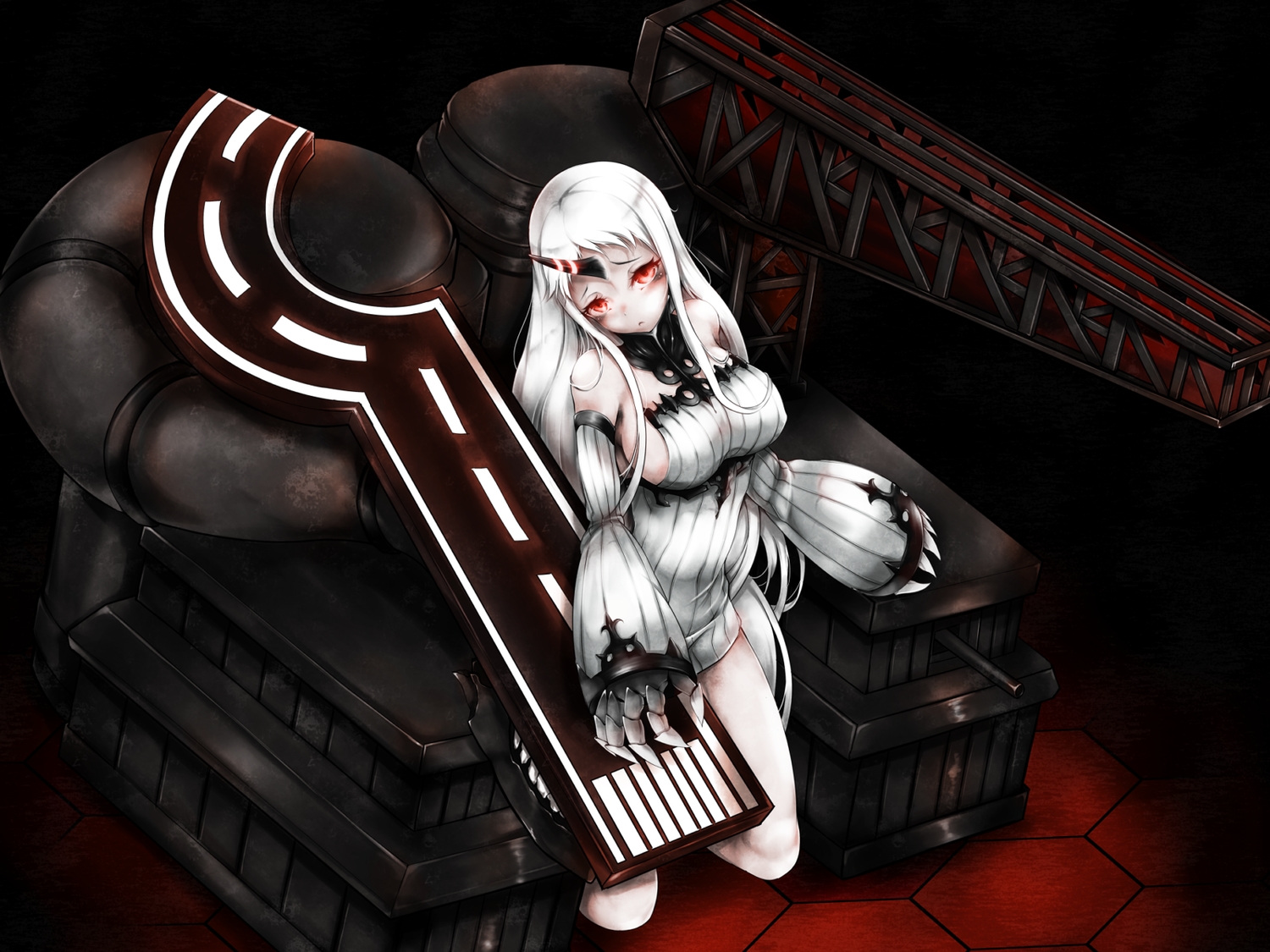anthropomorphism, breasts, horns, kajaneko, kantai_collection, red_eyes, seaport_hime, sideboob