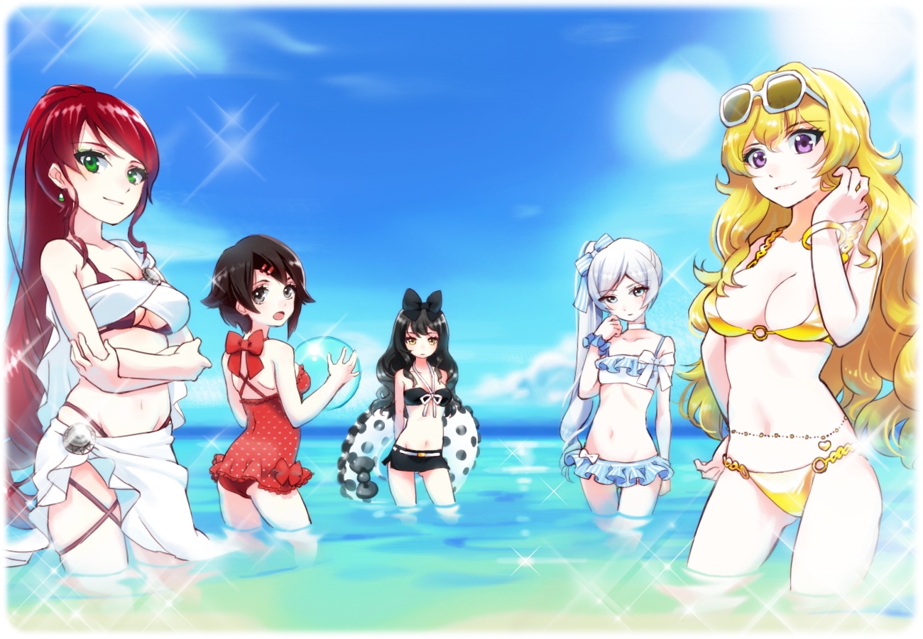 ball, beach, bikini, black_hair, blake_belladonna, blonde_hair, blue_eyes, dokur01, flat_chest, gray_eyes, green_eyes, group, long_hair, ponytail, purple_eyes, pyrrha_nikos, red_hair, ruby_rose, rwby, short_hair, swim_ring, swimsuit, water, weiss_schnee, yang_xiao_long, yellow_eyes