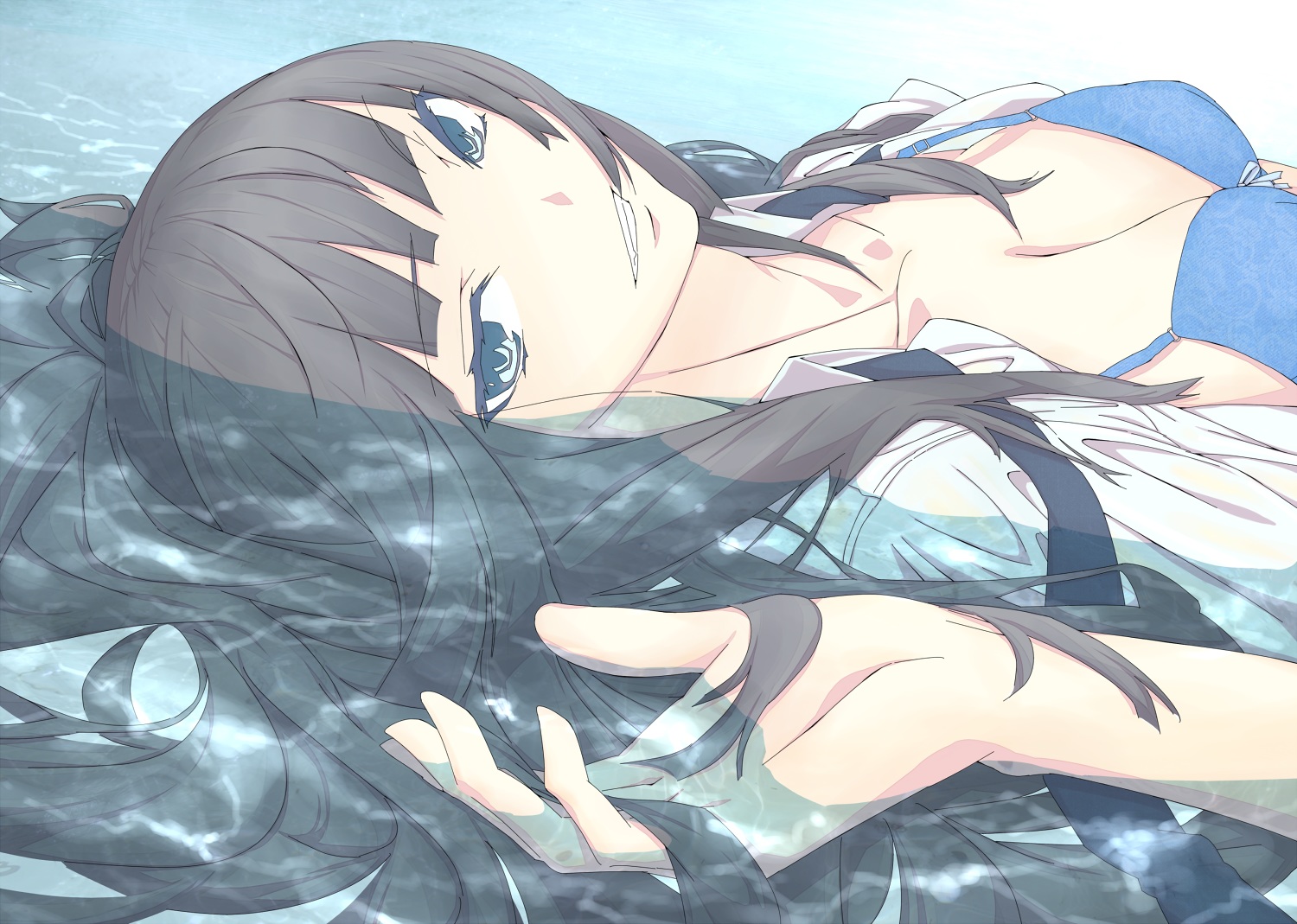 bikini_top, black_hair, joshikousei_girl's-high, long_hair, open_shirt, wet, yuuna_(upper-soul)