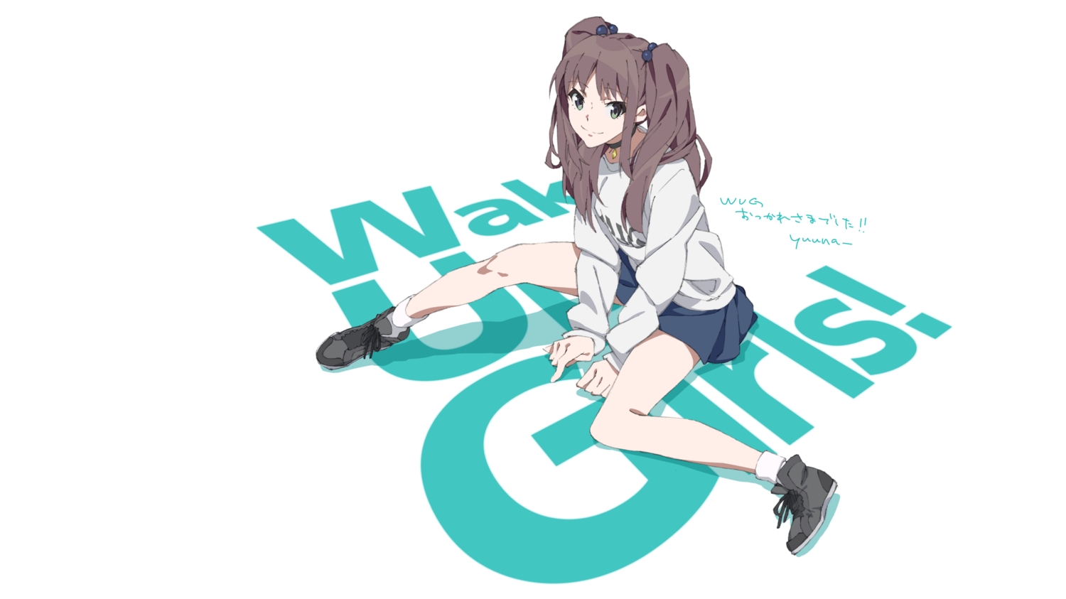 brown_hair, choker, green_eyes, long_hair, okamoto_miyuu, signed, skirt, socks